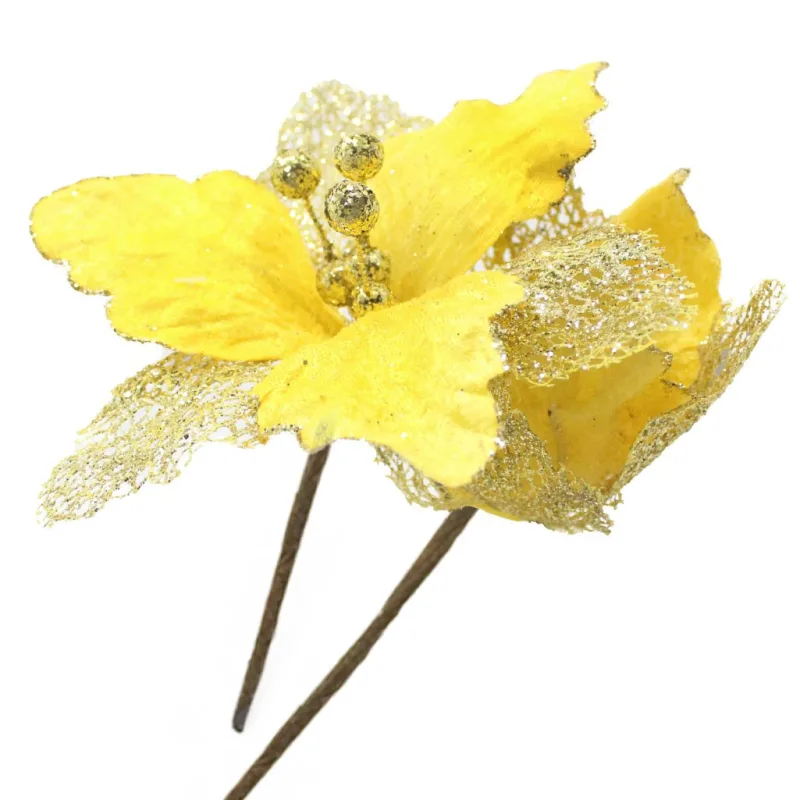 Kit 2 Flores Com Cabo Artificial Decoração De Natal Com Glitter 27cm - Não Informado - Decoração