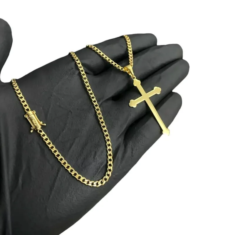 Cordão Pitbull 3Mm + Pingente Cruz - Banhado A Ouro 18K