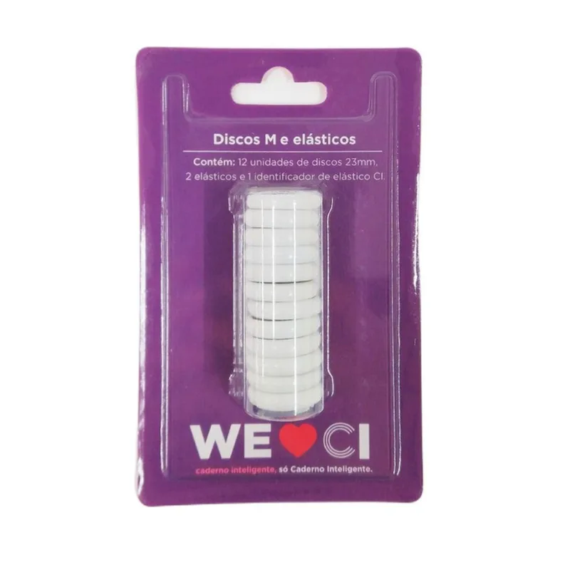 Disco M e Elástico Branco 23mm 12 Discos + 2 Elásticos Caderno Inteligente
