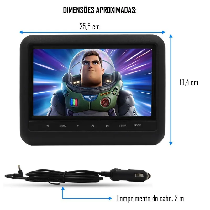 Encosto De Cabec¸a De Sobrepor Leitor Dvd 9 Polegadas - Preto