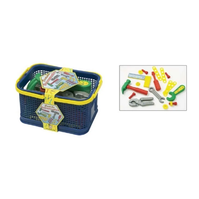KIT CONJUNTO DE FERRAMENTAS INFANTIL COM CESTA DE ARMAZENAMENTO COM 19 PEÇAS MARTELO CHAVES E PARAFUSOS