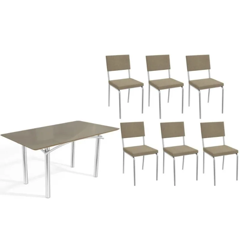 Sala de Jantar Elba 6 Lugares Tampo em Vidro Boucle Bege 160CM Kappesberg - Kappesberg - Móveis