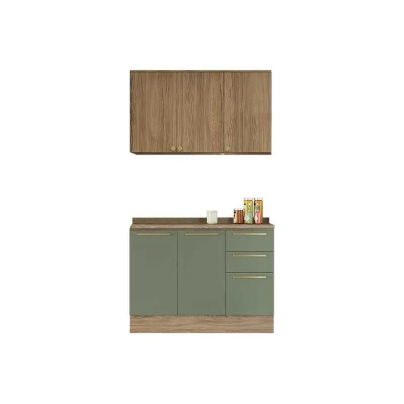 Cozinha Modulada Kappsberg Botanic Botanic 3 Peças (1Aéreo+1Balcão+1Complemento) C3P15 Nogueira/Verde Oliva-Kappesberg - Kappesberg - Móveis