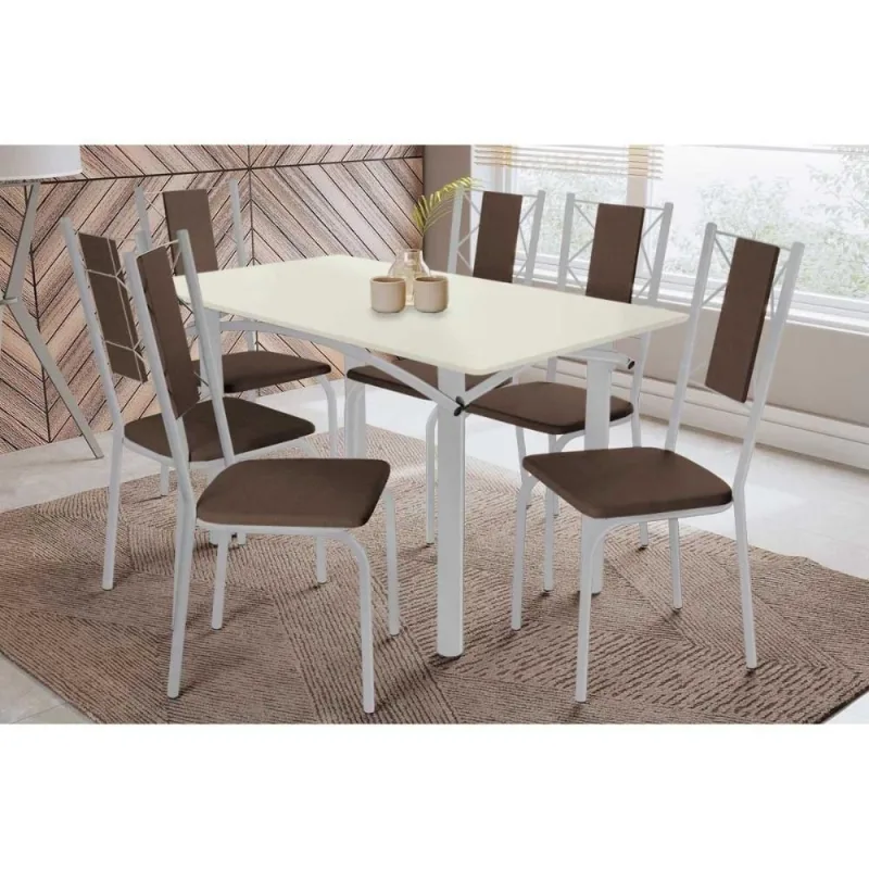 Sala de Jantar Elba 6 Lugares Tampo em Vidro Courano Marrom 160CM Kappesberg - Kappesberg - Móveis