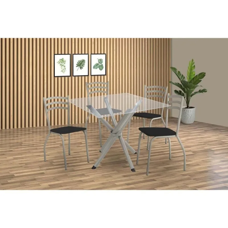 Sala De Jantar Completa Volga C/ Tampo De Vidro 90cm E 4 Cadeiras Portugal Niquel - Courano Preto - Kappesberg - kappesberg - Móveis