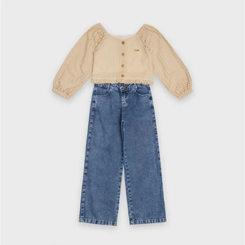 Anuska Conjunto Blusa Manga Longa Calca Boca Larga Jeans Bege