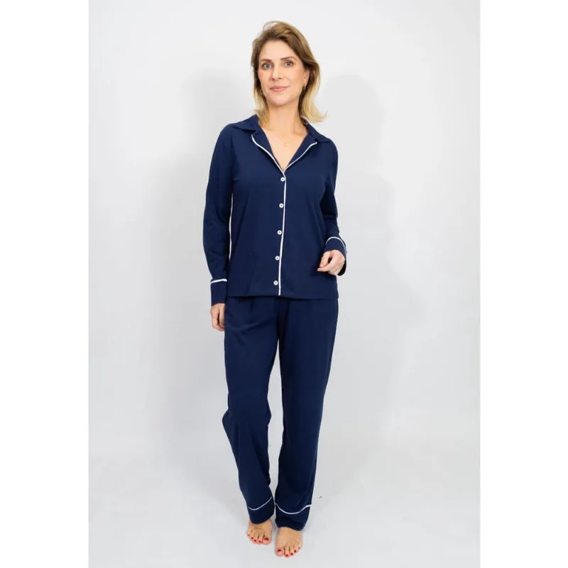 Pijama Americano Longo Algodão Filete - Azul Marinho