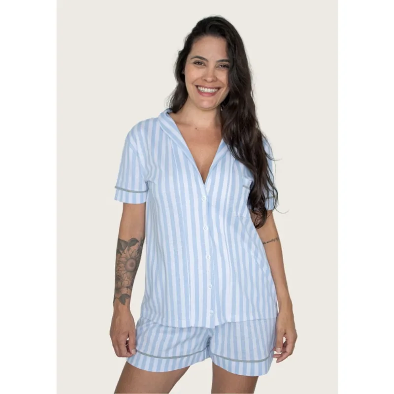 Pijama Americano Manga Curta Algodão – Azul listrado