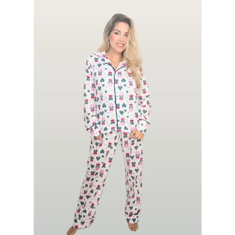 Pijama Americano Longo - Poliviscose - Corações Geométricos
