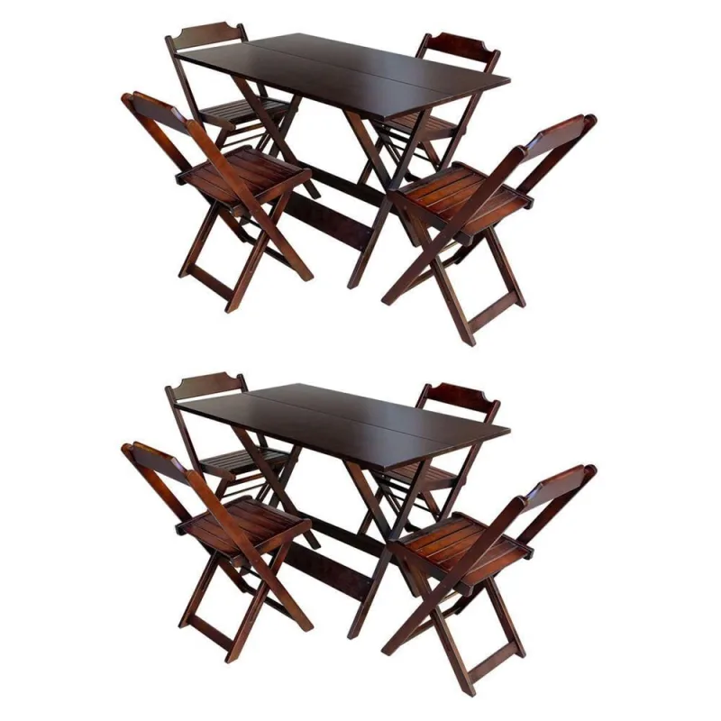 Kit 2 Jogos De Mesa Retangular Dobrável 120X70 Em Madeira Maciça Com 4 Cadeiras - Imbuia - Marrom - OUTRAS MARCAS - Agro