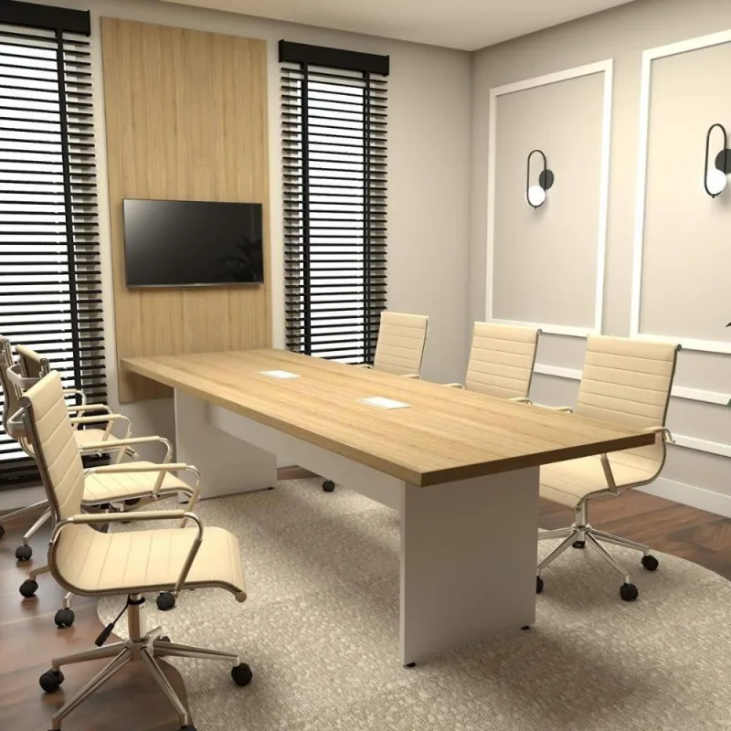 Conjunto Sala de Reunião com Mesa e Painel para TV F5 Office 270CM MDP Macadâmia e Branco - OUTRAS MARCAS - Móveis