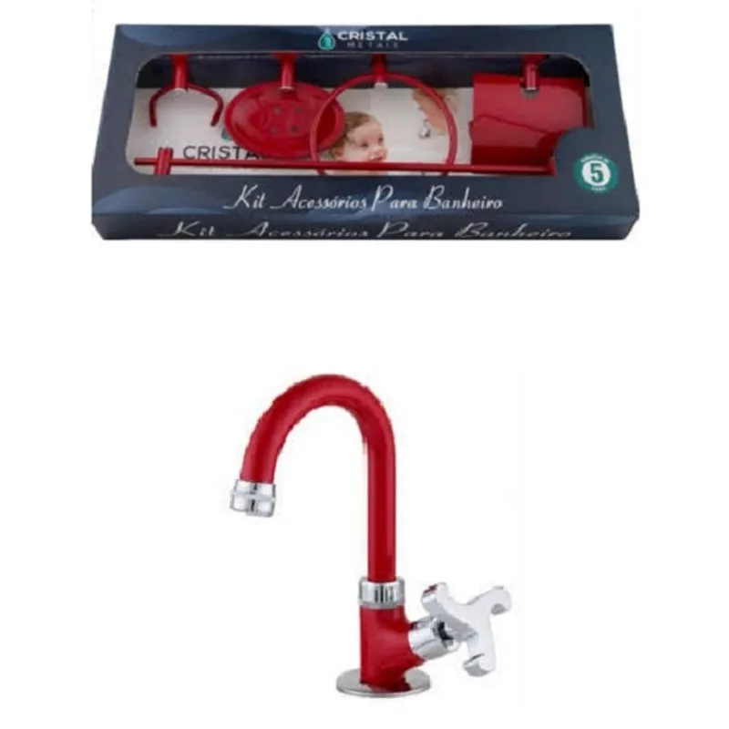 Kit Acessório Banheiro Colorido Vermelho Torneira Bica Mesa