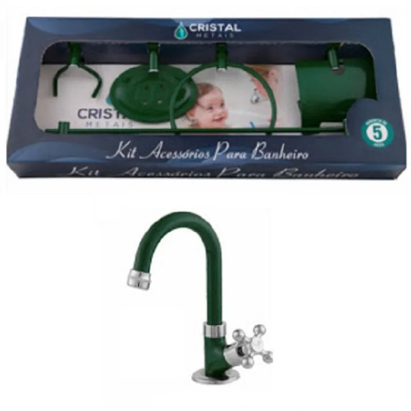 Kit Acessório Banheiro Colorido Verde E Torneira Bica Mesa