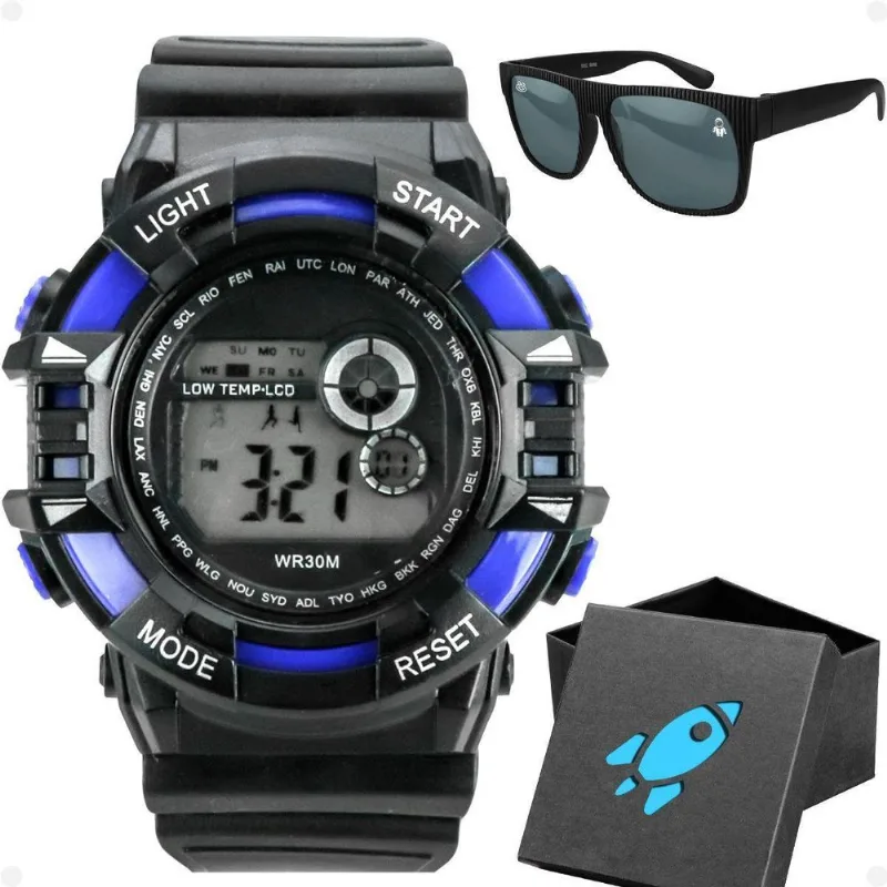 Relogio Digital Infantil Menino Preto + Oculos Sol + Caixa