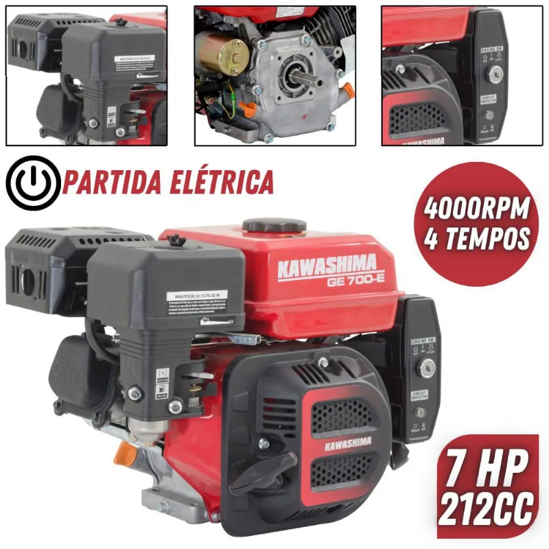 Motor Estacionário Potente Kawashima GE-700E à Gasolina 212cc 7HP 4 Tempos Com Partida Elétrica