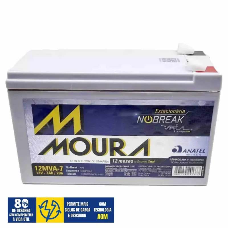 Bateria Estacionária Moura Recarregável 12V 7A 2,1A Ideal Para Sistemas de Segurança