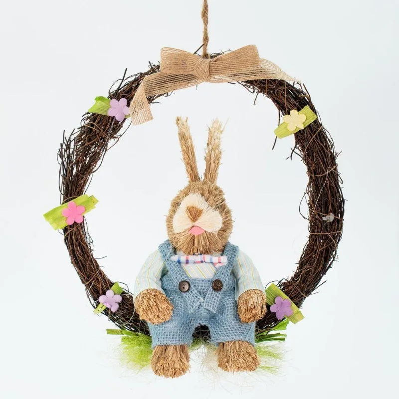 Guirlanda Coelho De Páscoa Enfeite Decorativo Em Palha 28cm