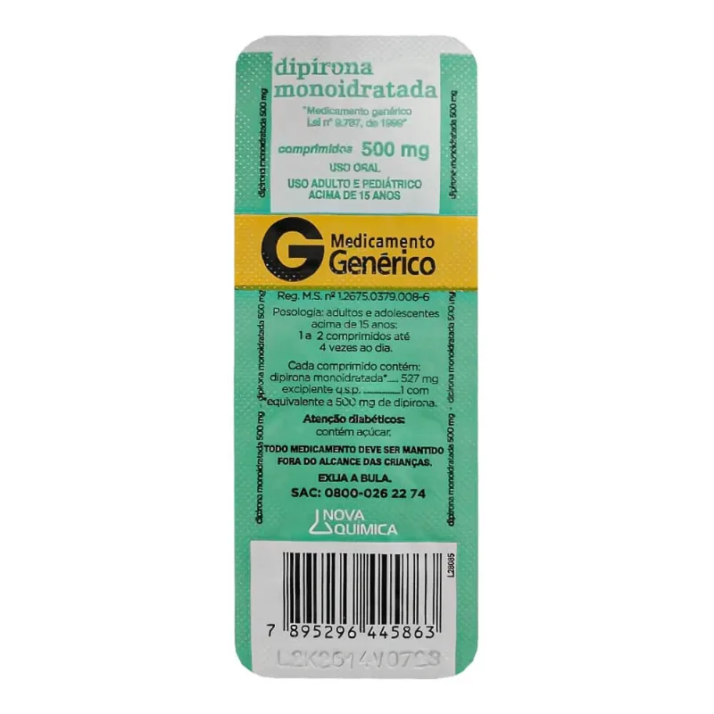 Dipirona 500mg 10 Comprimidos Genérico Nova Química Dipirona 500mg com 10 Comprimidos Genérico Nova Química