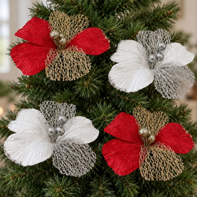 Flor Artificial Decoração Natalina Enfeite 20x13cm Kit 6pçs