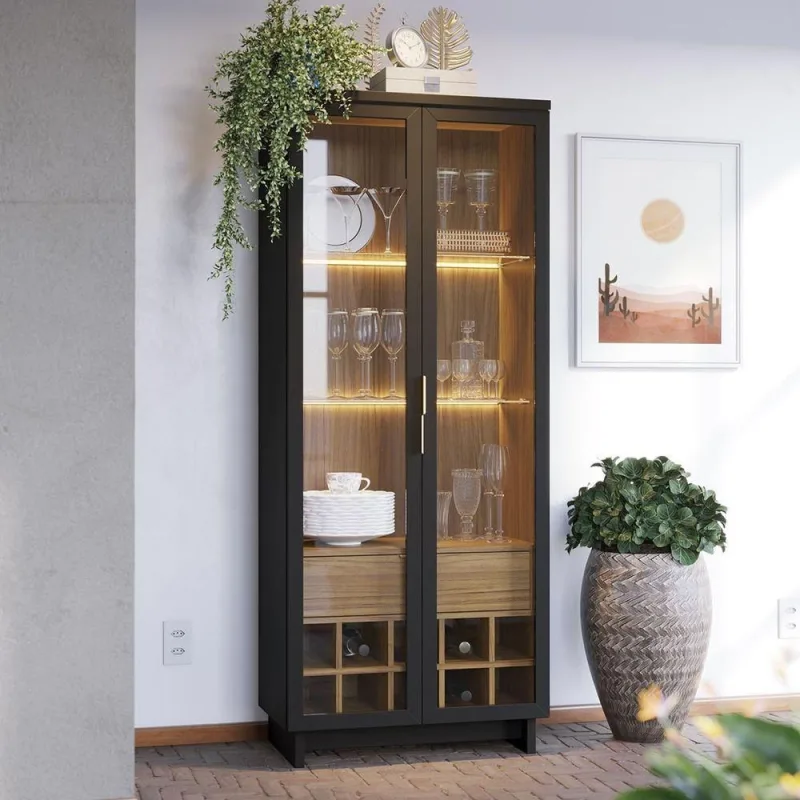 Cristaleira Guanabara 2 Portas 2 Prateleiras MDF MDP com Iluminação Preto Noce Colibri Móveis - colibri móveis - Móveis