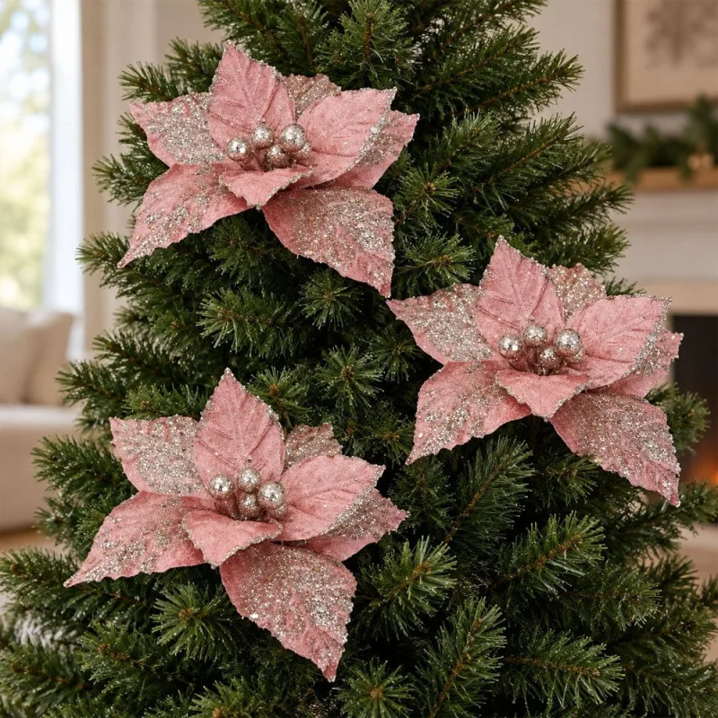Flor Natal Rosa Gold Decoração Enfeite Gliter 25cm Kit 6pçs - Genérico - Natal