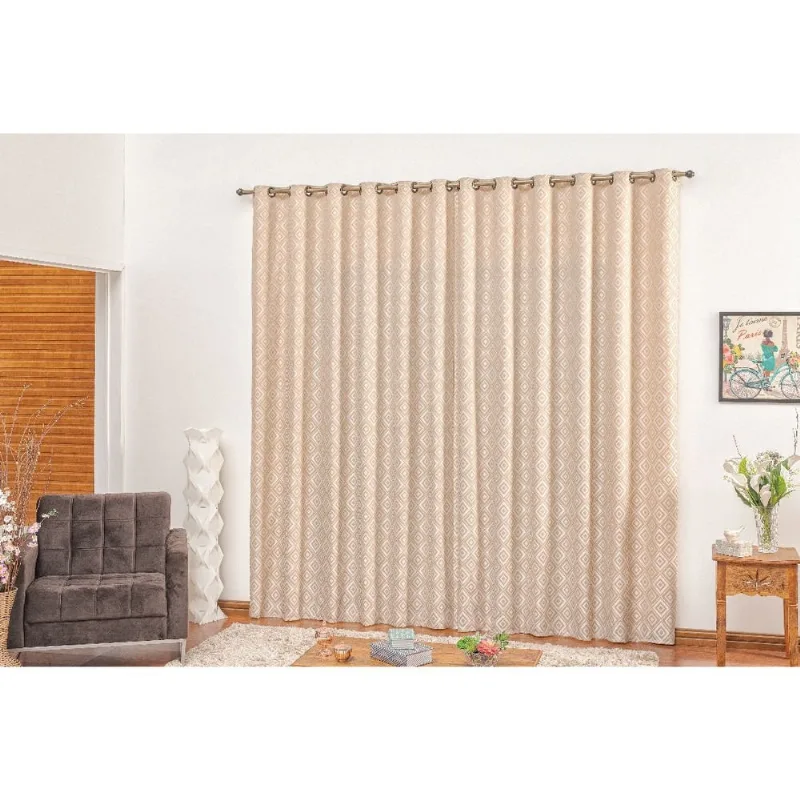 Cortina para sala e quarto 4,00m x 2,70m estampada avela e palha ilhos Montreal