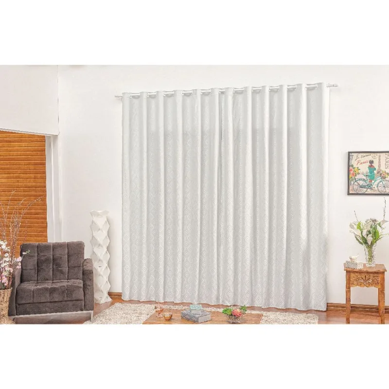 Cortina estampada branco para sala e quarto 4,00m x 2,70m ilhos e varao Montreal