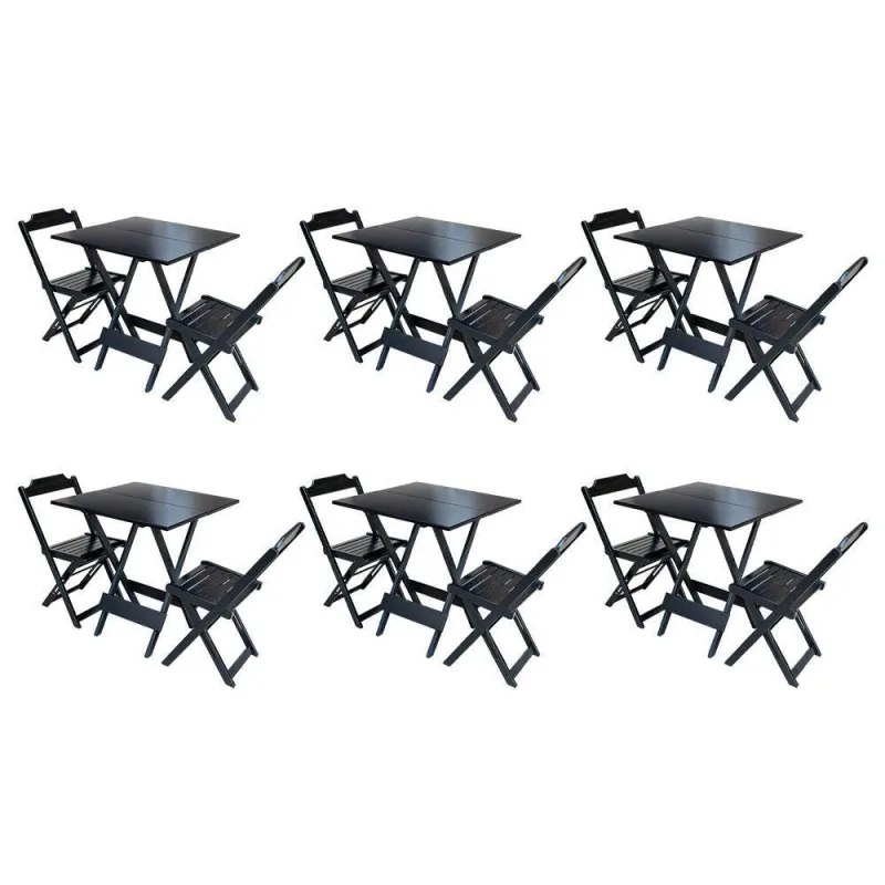 Kit 6 Jogos De Mesa Dobravel Com 2 Cadeiras De Madeira 70X70 - modelo na cor Preto - Preto. - OUTRAS MARCAS - Agro