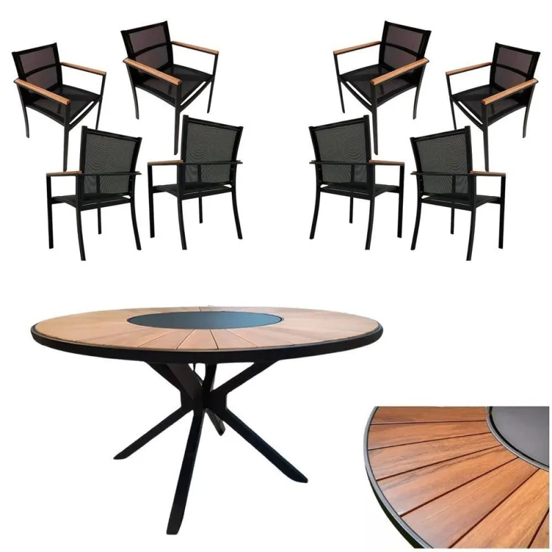Conjunto De Mesa Jantar 1,80m Zurick Madeira Pétalas 8 Poltronas Amélia Tela Sling E Alumínio Preto - OUTRAS - Móveis
