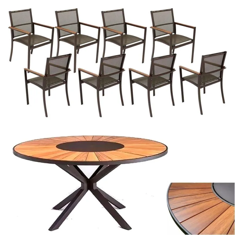 Conjunto De Mesa Jantar 1,80m Zurick Madeira Pétalas 8 Poltronas Amélia Tela Sling E Alumínio Marrom - OUTRAS - Móveis