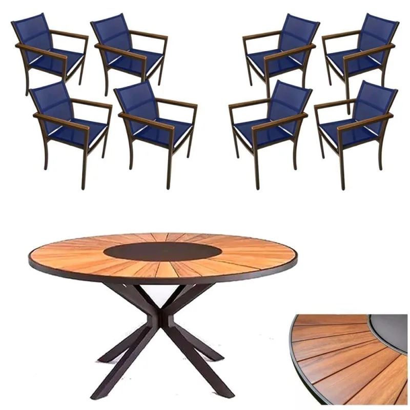 Conjunto De Mesa Jantar 1,80m Zurick Madeira Pétalas 8 Poltronas Amélia Tela Sling E Alumínio Azul - OUTRAS - Móveis