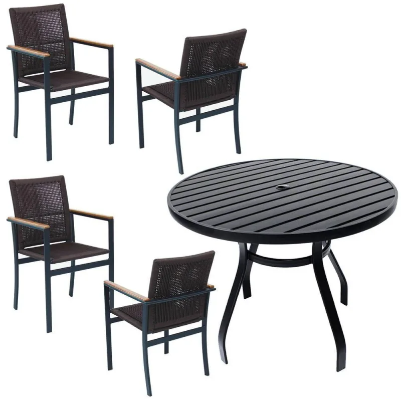 Jogo De Mesa Ripada 1,00m 4 Poltronas Amélia Corda Náutica Para Jantar Jardim Piscina Marrom - OUTRAS - Agro