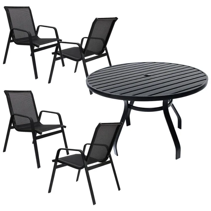 Conjunto De Mesa 1,20m Ripada + 4 Cadeiras Aluminio Piscina Jardim Preto - OUTRAS - Móveis