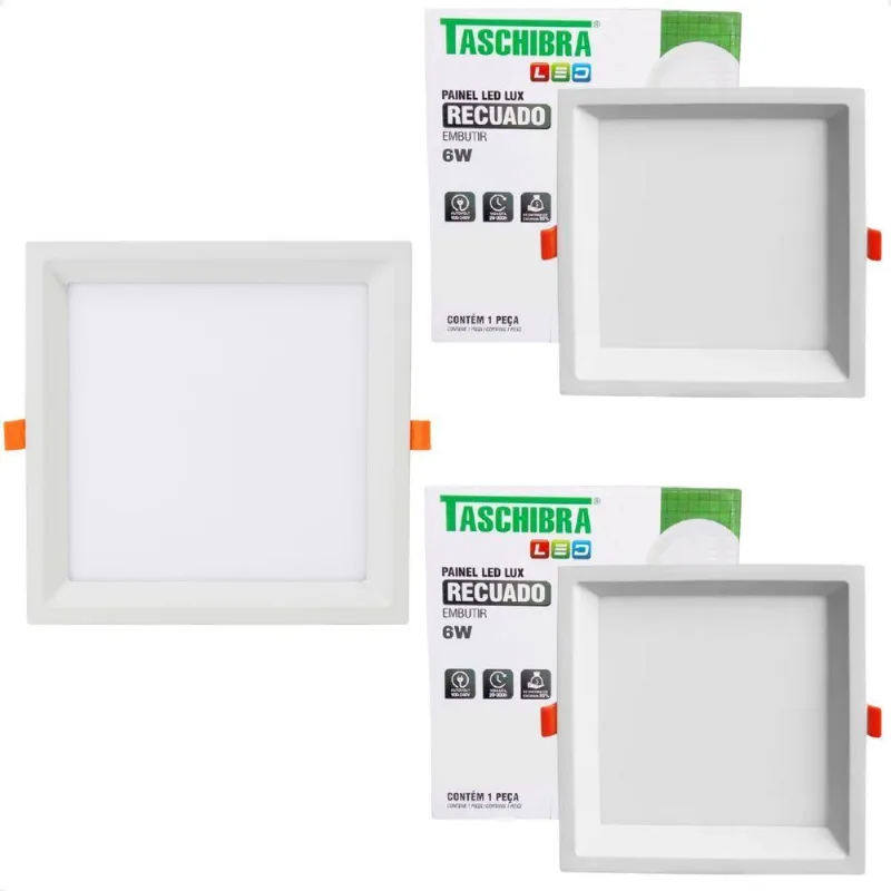 Kit 3 Painel De Led Quadrado Embutir Recuado 6w Bivolt Taschibra 6500k Frio