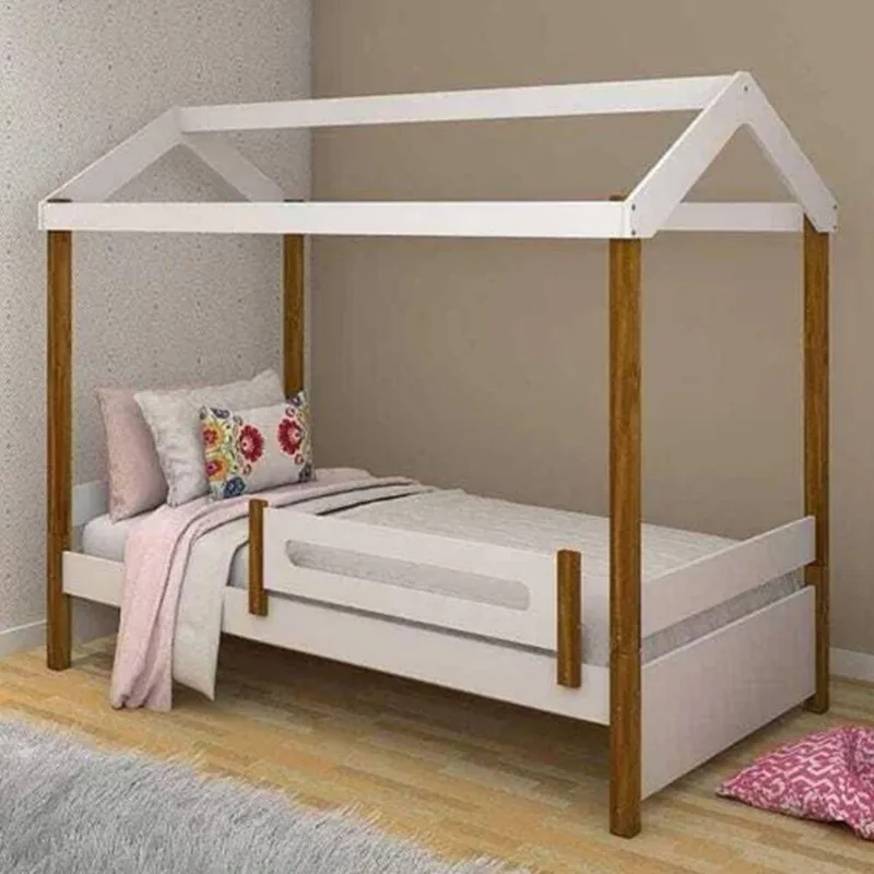 Cama Solteiro Casinha Montessoriana Eliz Com Grade De Proteção Branco/Mel - Cor: Branco
