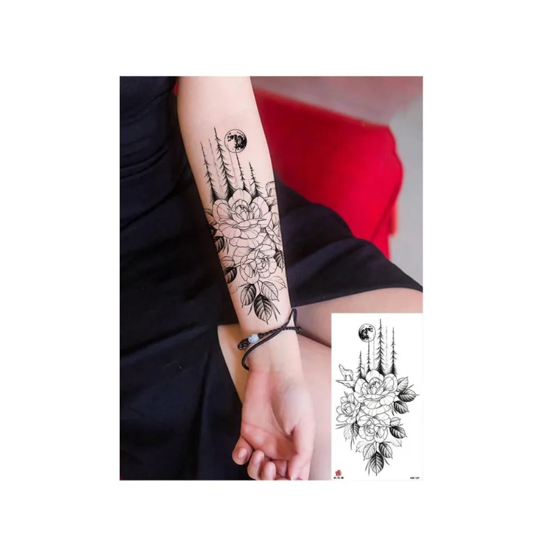 Tatuagem Temporária Floral Delicada Com 20 Cm Lua E Lobo