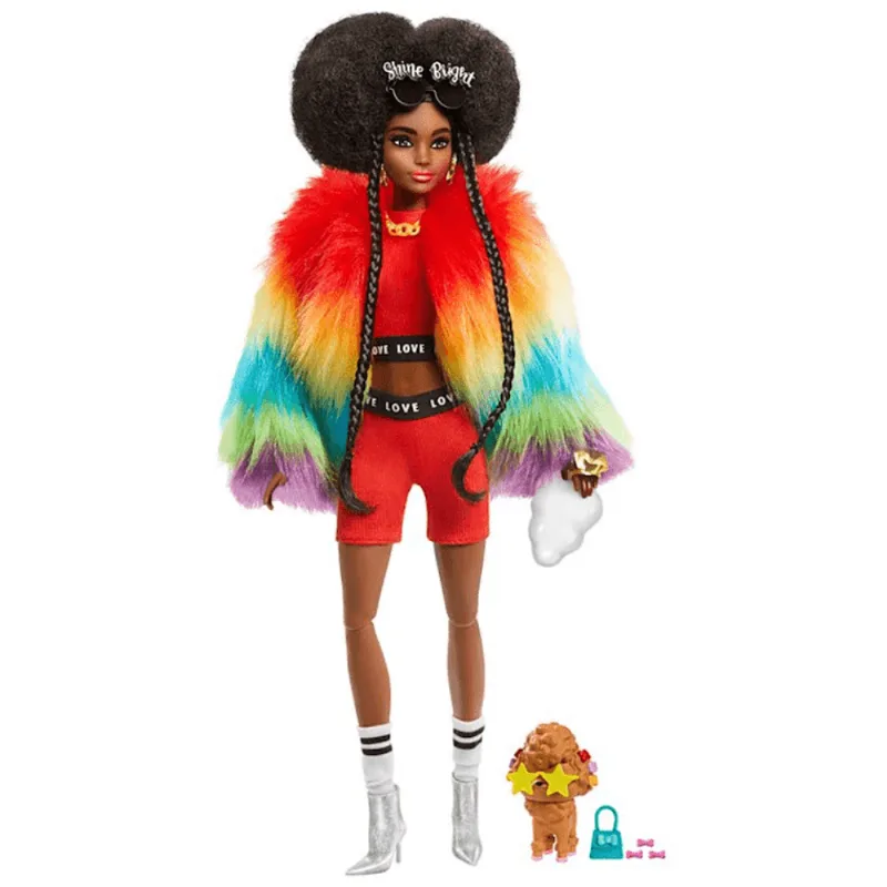 Boneca Barbie Extra Fashion Morena Afro Casaco Arco Íris Pet