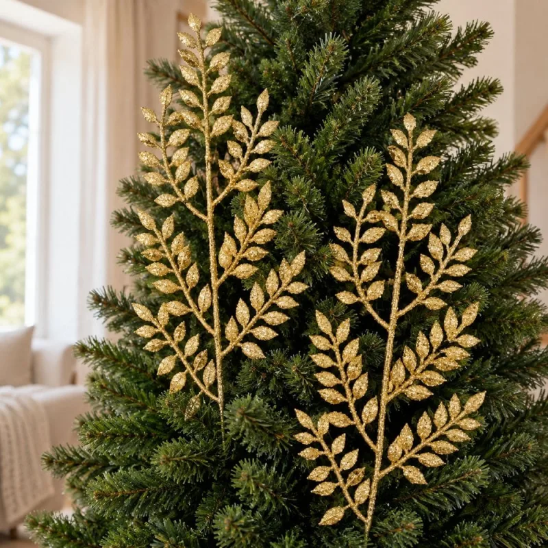 Folha Ramo Natalino Artificial Glitter Dourado 40cm 30 Peças - Genérico - Natal