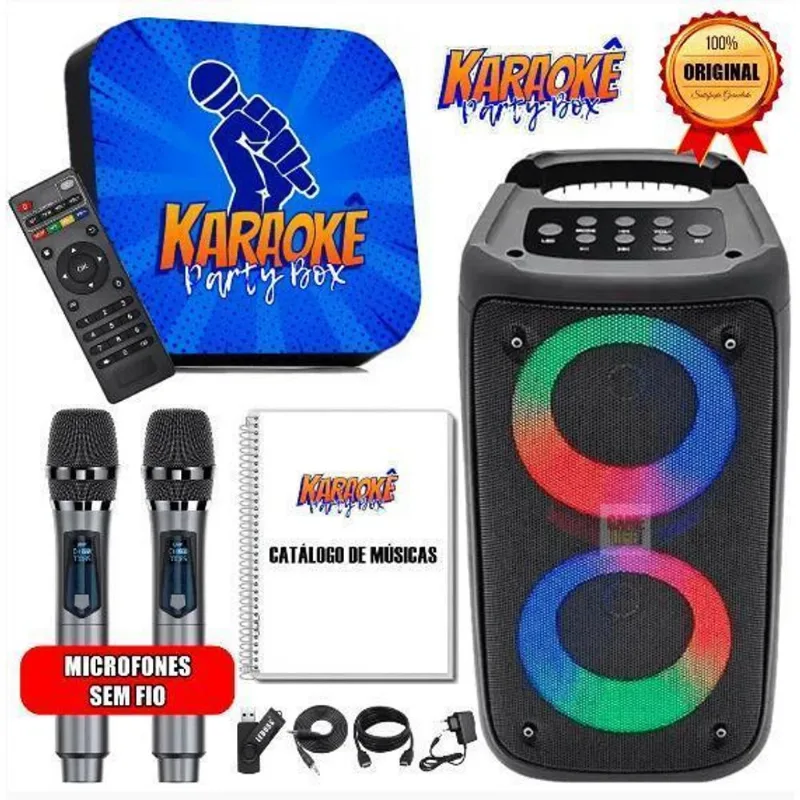 Karaoke Party Box+2 Microfones S/ Fio+caixa De Som+catálogo
