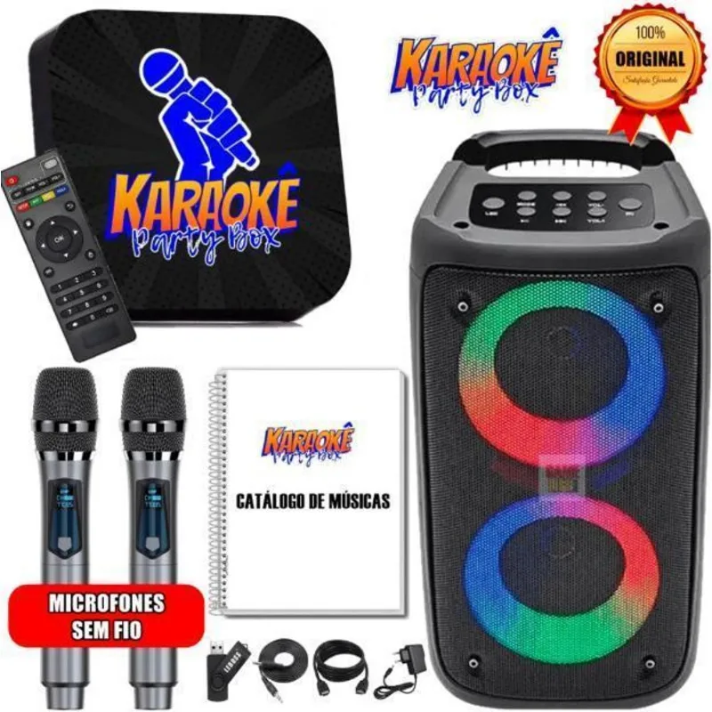 Karaoke Party Box+2 Microfones S/ Fio+caixa De Som+catálogo
