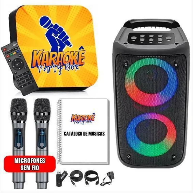 Karaoke Party Box+2 Microfones S/ Fio+caixa De Som+catálogo