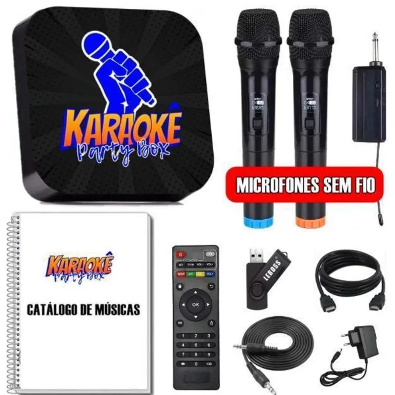 Karaokê Party Box +2 Microfones S/fio + Catalogo Encadernado