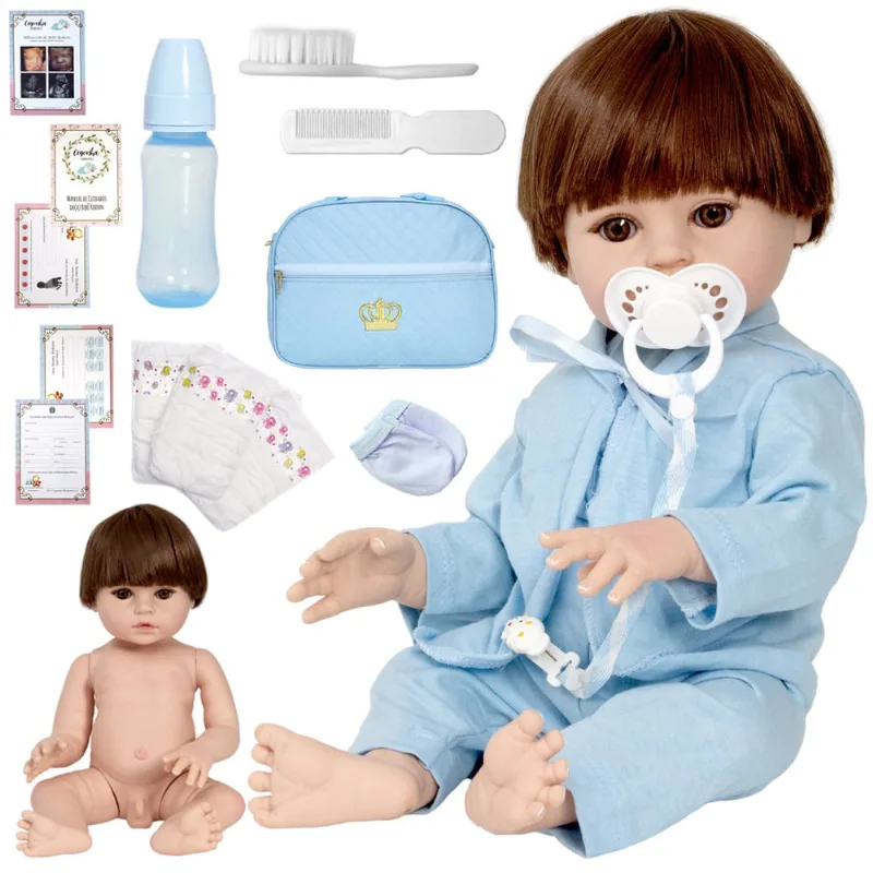 Boneco Reborn Menino Baby Cabelo Castanho Bolsa Maternidade