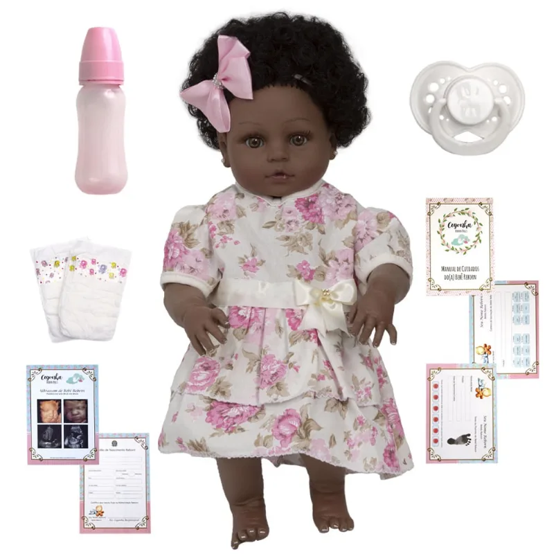 Boneca Reborn Menina Negra 100% Silicone Completa 13 Itens
