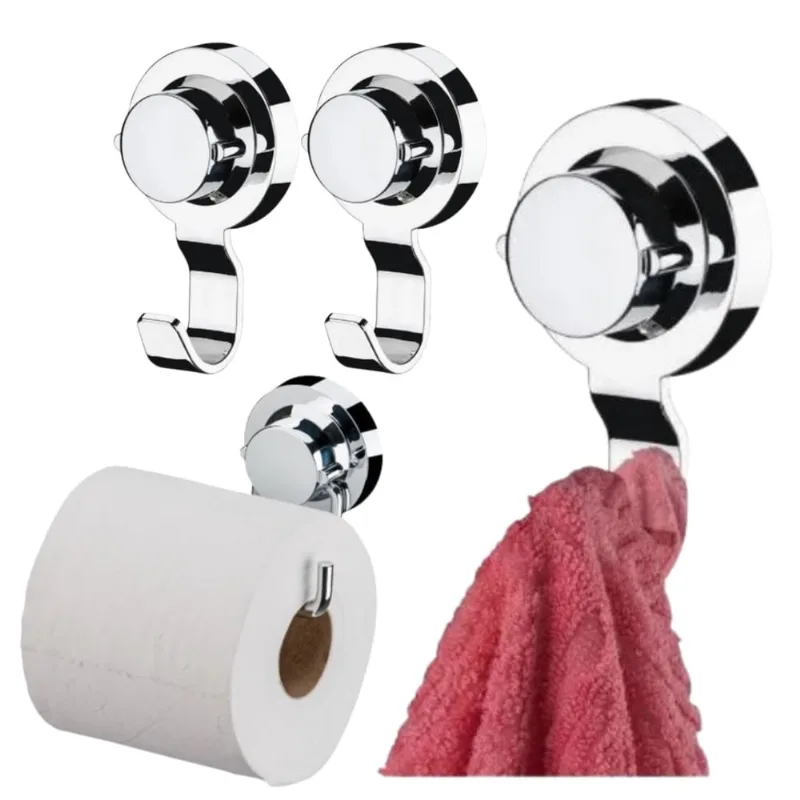 Kit banheiro porta papel higiênico + 3 gancho porta toalha c/ ventosa cromado future - Grillo