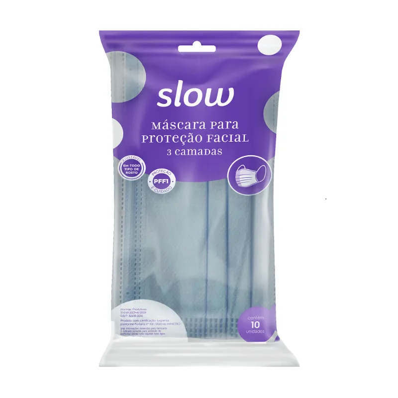 Kit de Máscaras de Proteção Facial 3 Camadas com Clip Nasal Slow 10 Unidades