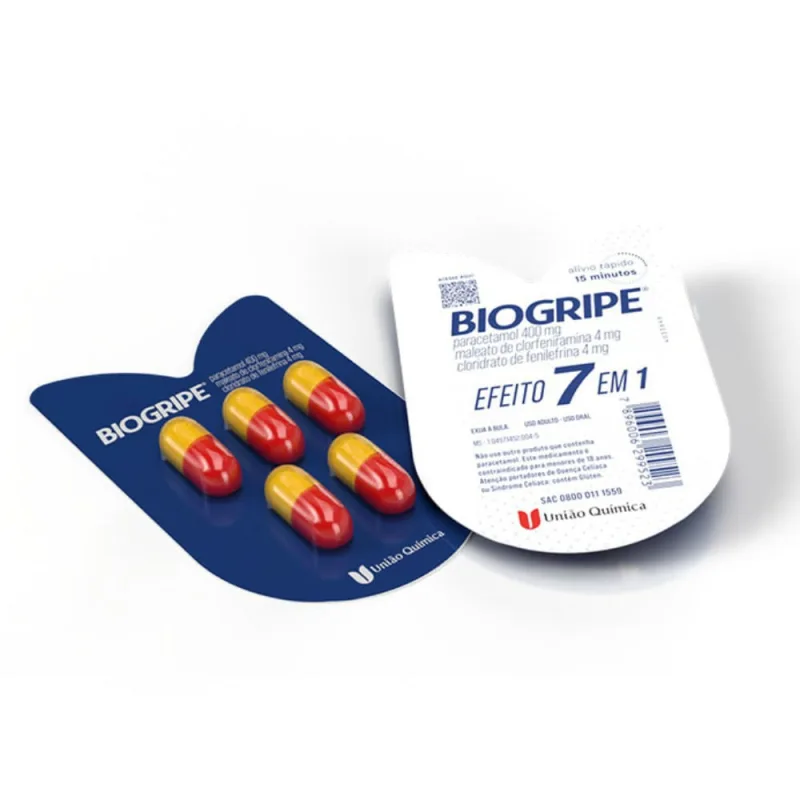 Biogripe 400mg + 4mg + 4mg União Quimica 7 Em 1 - 5 Capsulas - UNIAO QUIMICA - Medicamentos