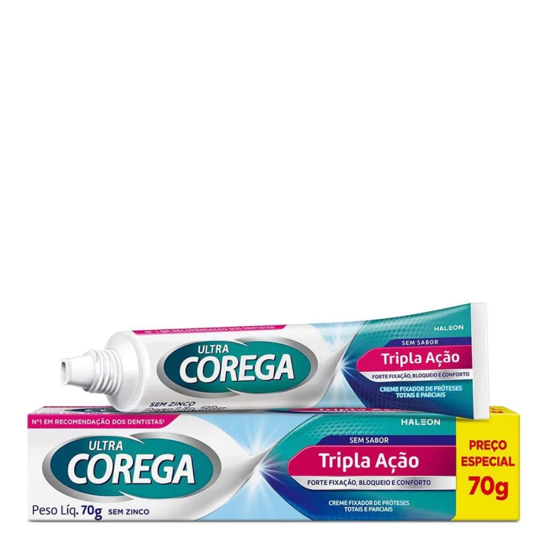 Fixador De Dentadura e Prótese Ultra Corega Creme Sem Sabor Tripla Ação 70g  Livre de Zinco - Corega - Fixador De Dentadura