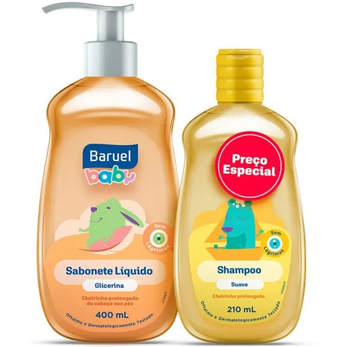KIT SHAMPOO SUAVE 210ML SABONETE LÍQUIDO DE GLICERINA 400ML BARUEL BABY - BARUEL