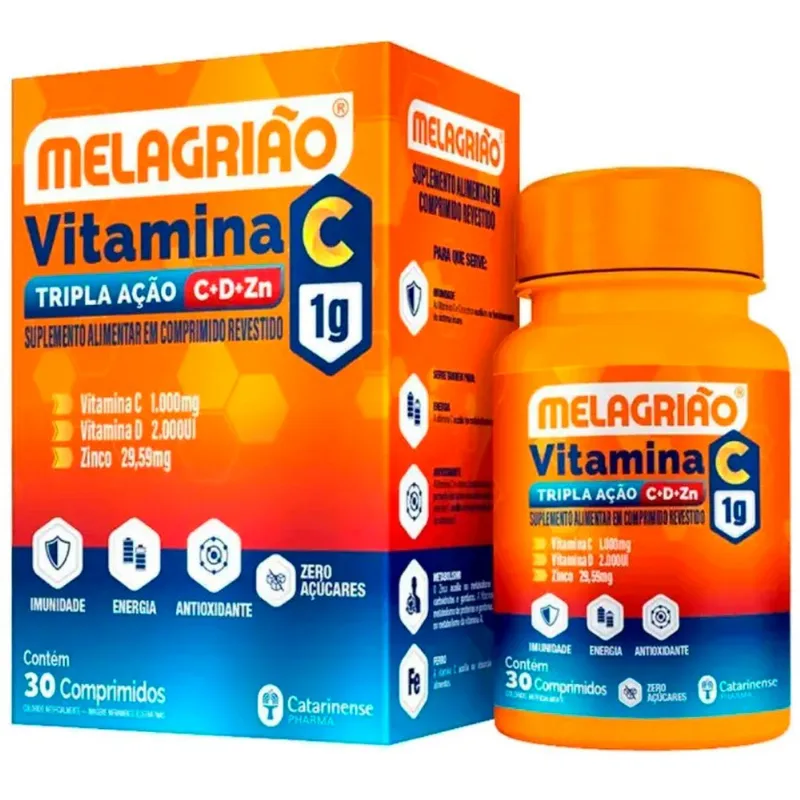 Suplemento Alimentar Melagrião Vitamina C 1.000mg + Vitamina D 2.000UI + Zinco 29,59mg 30 Comprimidos Catarinense Pharma